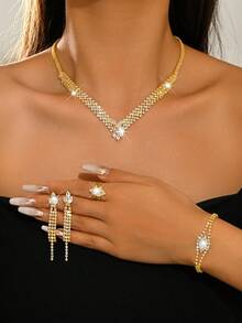 1 Set White Crystal Bridal Jewelry Set, Western Style Crystal Jewelry Set, Suitable For Party Wear - Silver - View 13