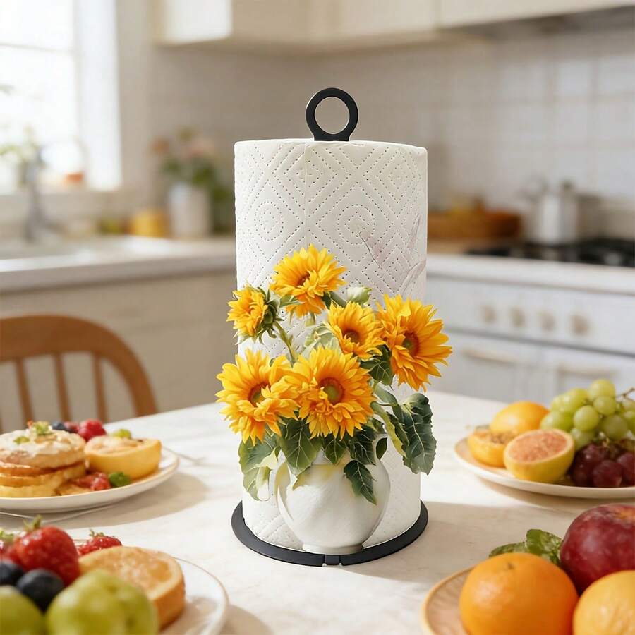 Bright Sunflower Paper Towel Holder - Freestanding Kitchen Paper Towel Roll Dispenser, Realistic Floral Design, Sturdy Base, No-Assembly Required Paper Roll Rack, Suitable For Bathroom, Dining Table, Bedroom Farmhouse Decor, Durable Design, Mother's Day Gift