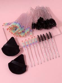 100支装柔韧手柄睫毛眉刷，多功能眼部化妆刷 + 2个柔软精细三角化妆海绵 - 黑色 - 查看 3