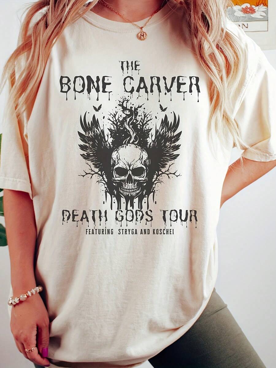 Camisa con estampado de calavera, Camiseta de cuello redondo "Viaje de la muerte", Camisa vintage de color cómoda con estilo minimalista Sudadera - Albaricoque - Ver 1