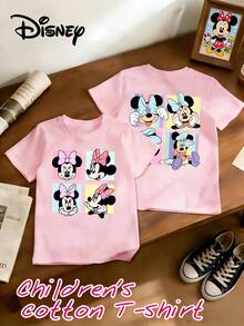 Disney Minnie Mouse And Mickey Mouse 100% Pure Cotton Children's T-Shirt, With Cartoon Print On Both Sides. This Casual-Style Children's T-Shirt Is Suitable For Both Boys And Girls, Making It An Ideal Choice For Christmas Parties And Everyday Outdoor Activities. - 粉色 - 查看 2