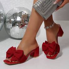 女士户外PU皮革蝴蝶结漆皮高跟凉鞋，适合派对和夏季穿着 - 紅色 - 查看 2
