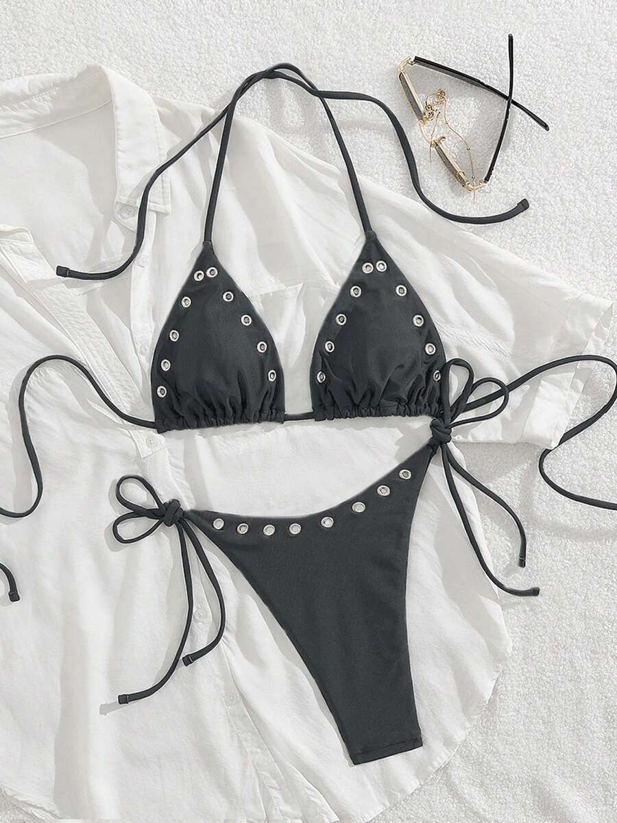 Women's New European And American Metal Hole Halter Neck Bikini Set Vacation Beach - Black and Gray - View 1