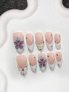10件套闪亮多彩钻石灵感亚克力美甲套装，包含手工制作的蓝紫色花朵美甲贴纸、白色指甲油、指甲锉和1张果冻贴纸，三种尺寸可选：杏仁形、鸭嘴形、棺材形，适合日常佩戴、派对、拍照、春夏通勤，是送给女性和女孩的绝佳礼物。 - 彩色 - 查看 3