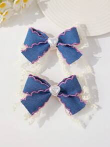 2pcs Spring/Summer Mesh Lace Pearl Denim Ruffle Bow Clip, Versatile Daily Wear - Multicolor - View 7