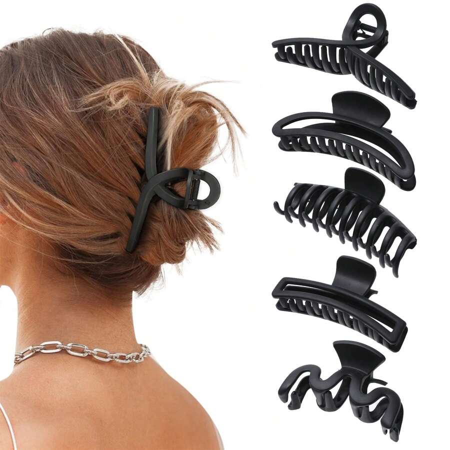 5pcs Large Non-Slip Strong Thick Hair Clips For Women (Matte Black) - Black - View 1