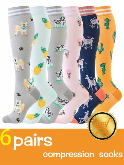 6 Pairs Gradient Compression Socks With Pineapple, Cactus, Animal Patterns, Suitable For Women, Men, Nurses, Running, Cycling, Hiking, Knee-High Compression Socks For Nurses, Circulation Compression Socks