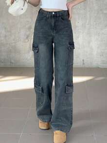 Loose Fit Cargo Jeans For Women, Multi-Pocket Flared Leg Ankle Length Pants - Dark Wash - View 4