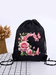 1pc Summer New Floral & Letter Outdoor Sports Bag, Football Backpack, Basketball Backpack, Boys & Girls Sports Bag, Hiking Backpack, Large Capacity Lightweight Drawstring Bag - Black - View 31