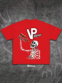 Men's T-Shirt With Double-Sided Skeleton Racing Print, 180g Cotton T-Shirt, Casual Streetwear Style, Unisex Short Sleeve - 紅色 - 查看 5