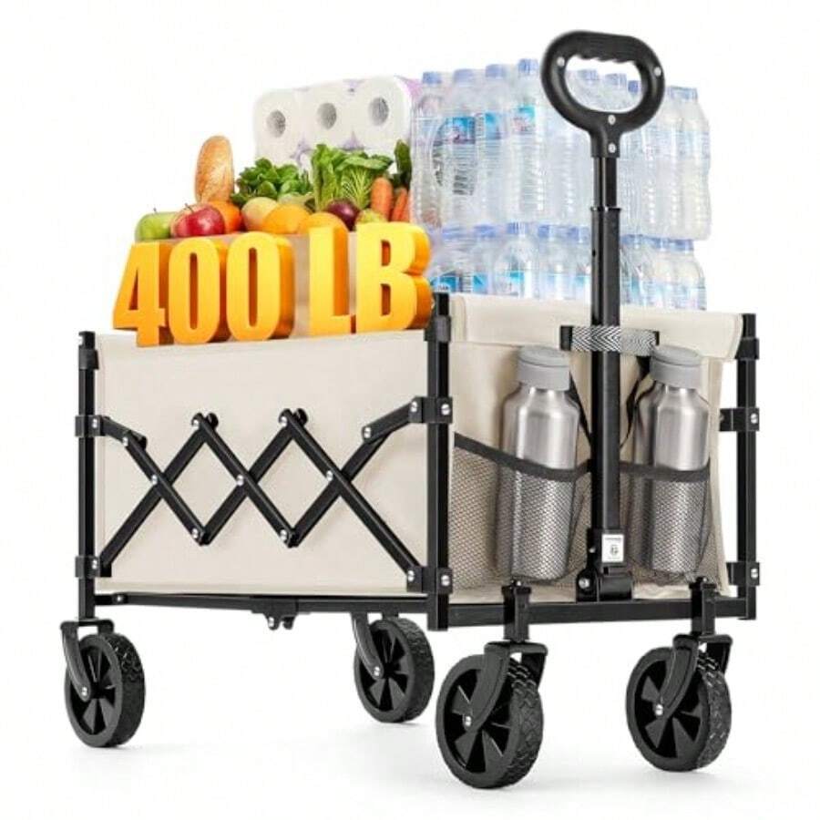 SONGMICS Carro de Mano Plegable Carrito de Jardín con Asa y Ruedas Carga 180 kg 90 L Beige Arena MGFW909LF01 - Arena Beige - Ver 1