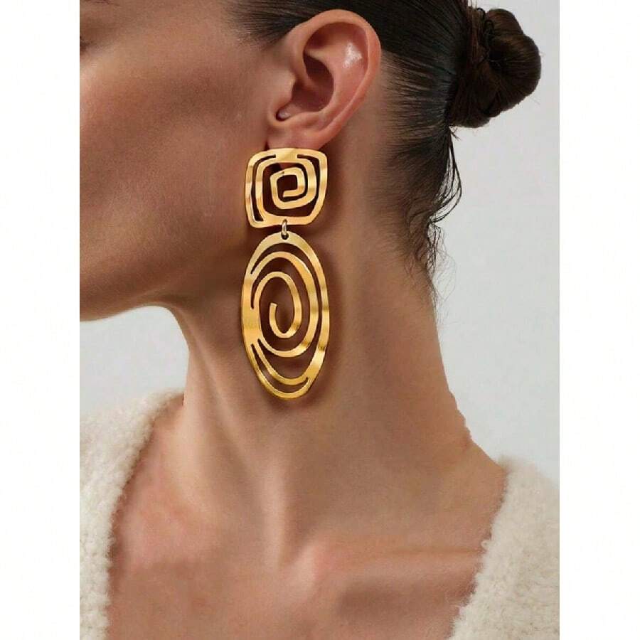 1 Pair Women's Autumn/Winter New Fashion Personalized Versatile Geometric 3D Hollow Spiral Metal Splice Pendant Earrings, Metal Style Earrings Suitable For Daily, Festivals, Parties, Vacations, Casual Wear, Women's Jewelry - 黃金 - 查看 1