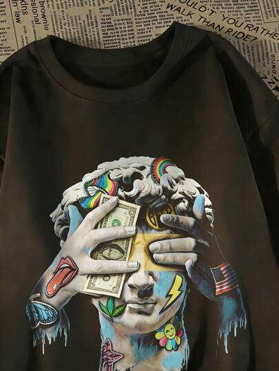  Fractyr 男士休闲街头摇滚嘻哈风宽松短袖T恤 | 大卫涂鸦肖像和美元元素印花 | 精致设计 | 春夏新品 | 基础款，百搭，舒适纯棉 | 送朋友的最佳礼物 | 展现独特个性