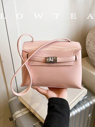  1pc Low Tea Solid Color PU Leather Shoulder Bag, Women's Retro Fashion Square Handbag, Top Handle One Shoulder Design, Twist Lock Closure, Suitable For Travel, Shopping, Dating, Women's Gift, Great For Commuting, Outdoor, Travel, Hiking