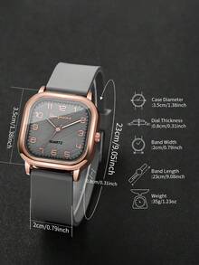 2pcs/Set Women's Silicone Square Watch With Numeric Dial, Classic Quartz Wristwatch + Heart-Shaped Bracelet (Watch Box Not Included) - Grey - View 5