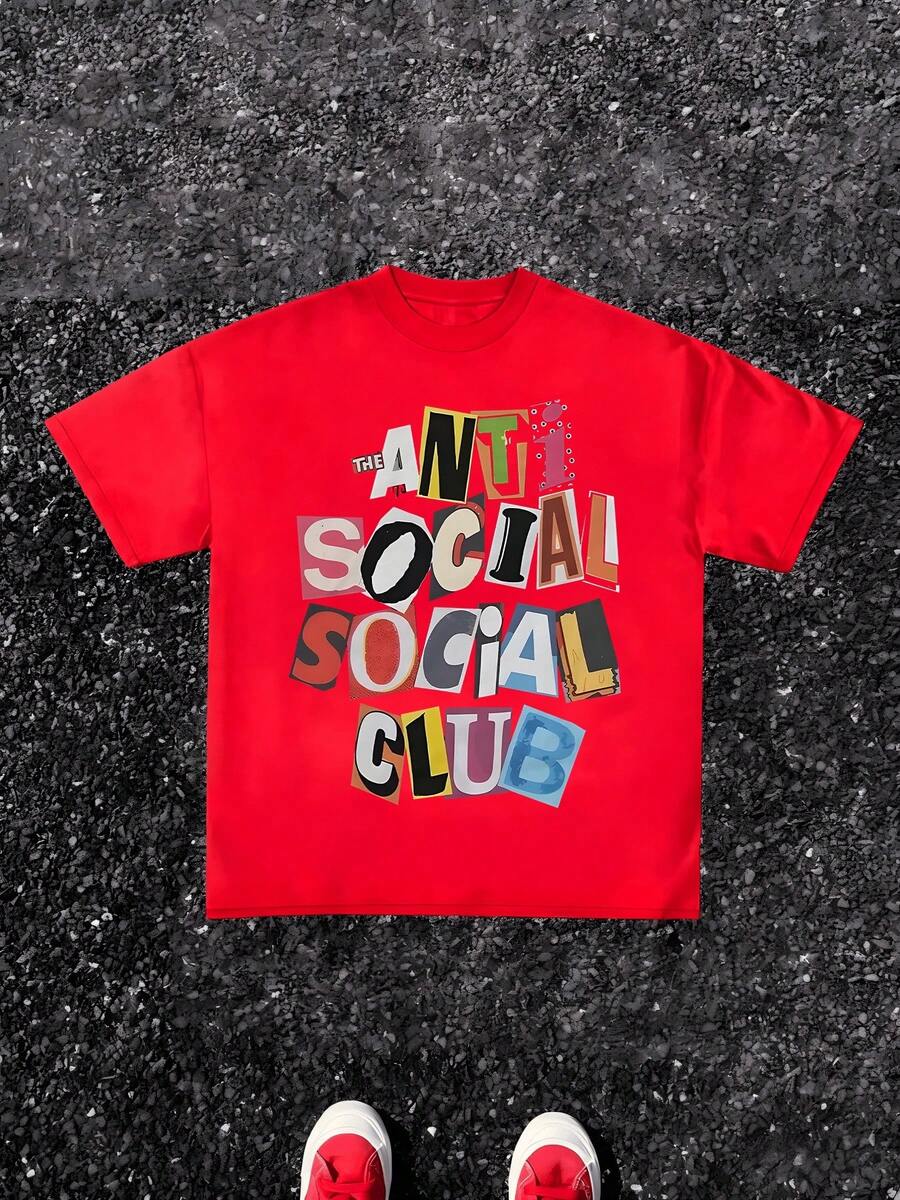 1Pcs Anti Social Club Print TShirt, Streetwear 100% Cotton TShirt Men's Graphic TShirt Summer Casual TShirt Perfect Gift, Fashion Hip Hop Style Tee - Red - View 1