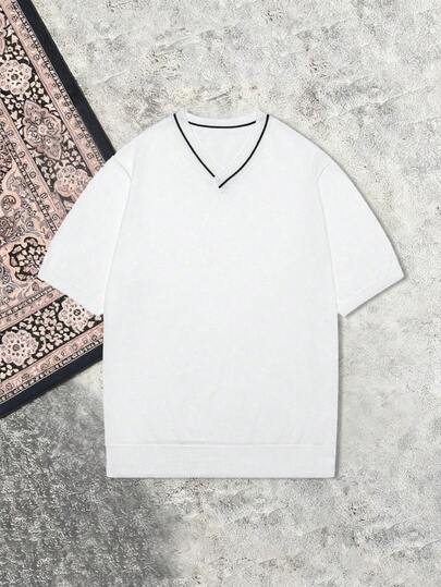 Unisex Men's Casual Minimalist Business Vintage Contrast Trim Loose V-Neck Pullover Sweater, Spring/Summer