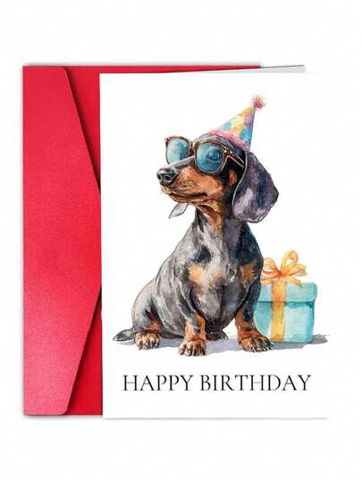 1pc Cute Dachshund Birthday Greeting Card With Envelope, Watercolor Party Dog Design For Dog Lovers