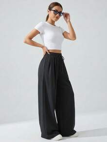 Women Wide Leg Soft Touch High Quality Fabric Drawstring Detailed Pant Bottom - Dark Grey - View 4