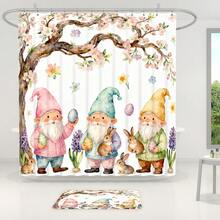 1pc/3pcs/4pcs Easter Gnome & Egg Multifunctional Bathroom Decor Shower Curtain Set, Free 12 Hooks Included, Elegant Holiday Atmosphere, Bathroom Mat, U-Shaped Rug And Round Toilet Mat, Suitable For All Scenarios - E - View 5