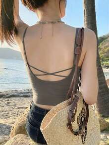 Open Back Yoga Camisole For Women, With Chest Pads, Integrated Bra, Deconstructed American Style Layering Top Casual - Brown - View 5