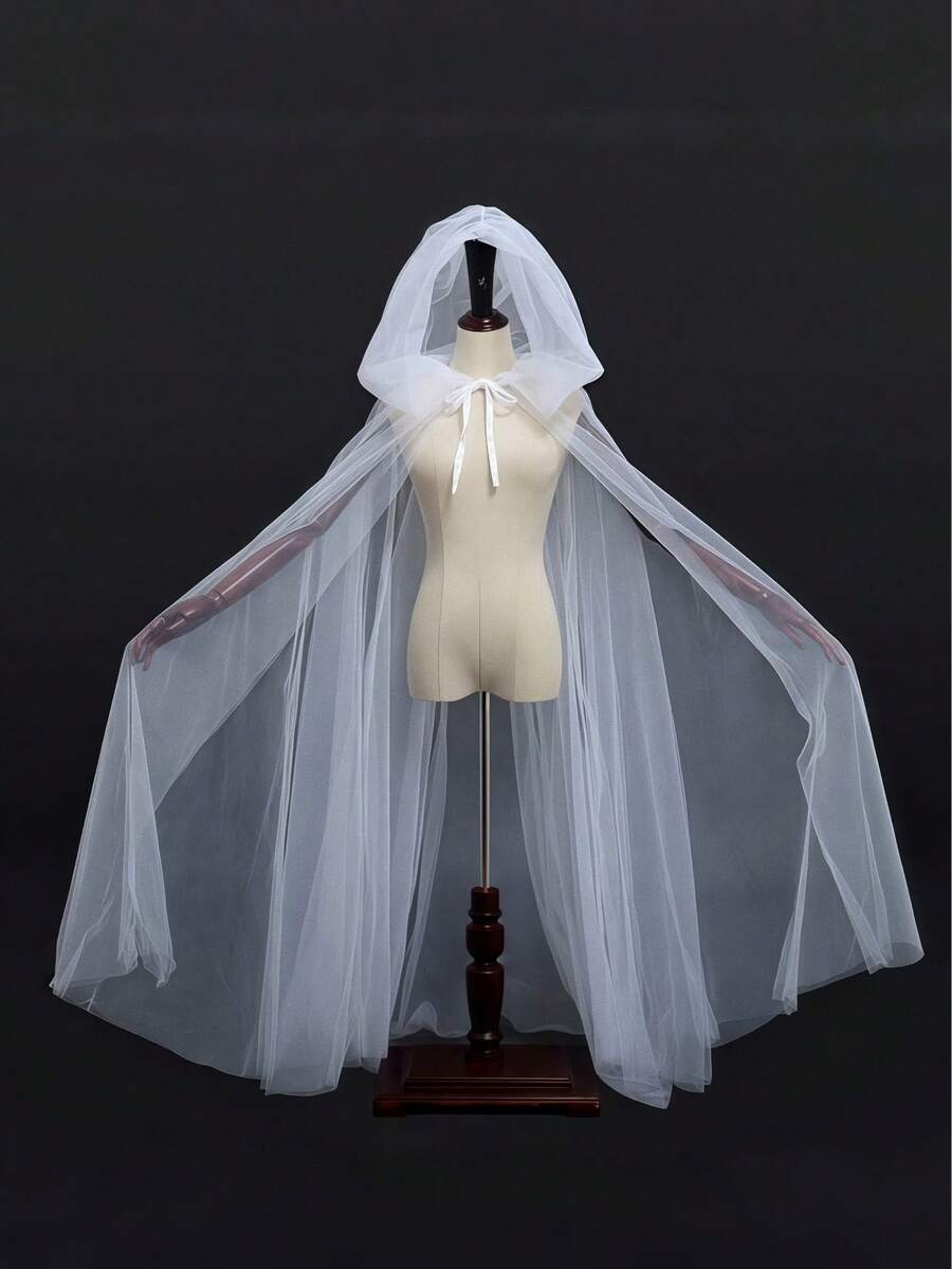 1pc 150cm Long Bridal Wedding Lace Shawl Cloak, Easter Cosplay Ghost Hooded Cloak Cape, Masquerade Party Witch Costume - White - View 1