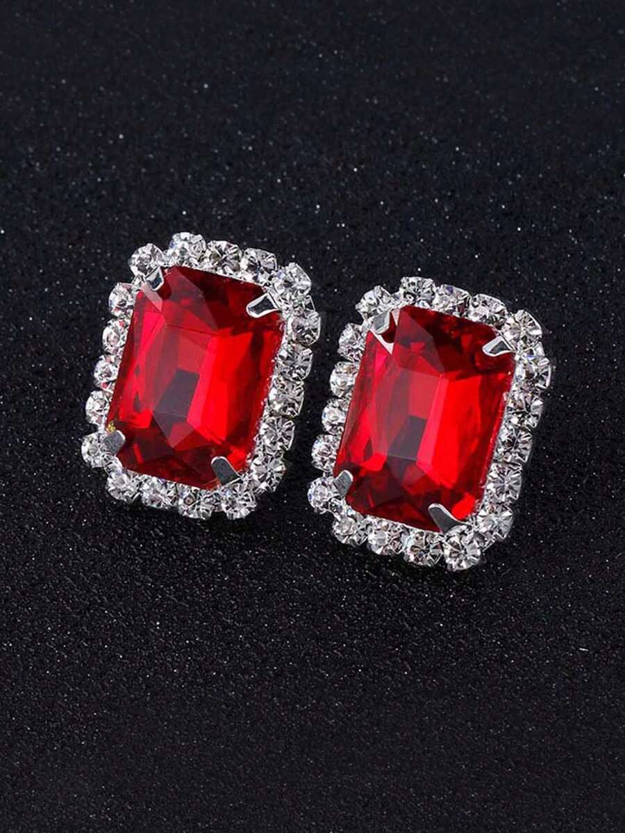 1 Đôi bông tai kẹp nữ bằng hợp kim đính đá màu hồng nhạt hình học. - Đỏ - Xem 1