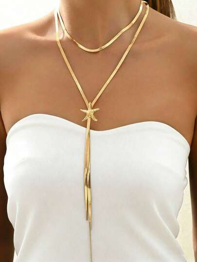 1pc Fashionable Delicate Minimalist Elegant Multi-Layer Gold Starfish & Snake Bone Chain Necklace For Women, Suitable For Summer Vacation, Casual Outing, Versatile Accessory