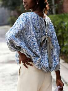 女士印花全身梭织衬衫，后背饰有蝴蝶结，适合春夏度假、居家、海滩、晚间约会和旅行穿着。 - 藏蓝色 - 查看 3