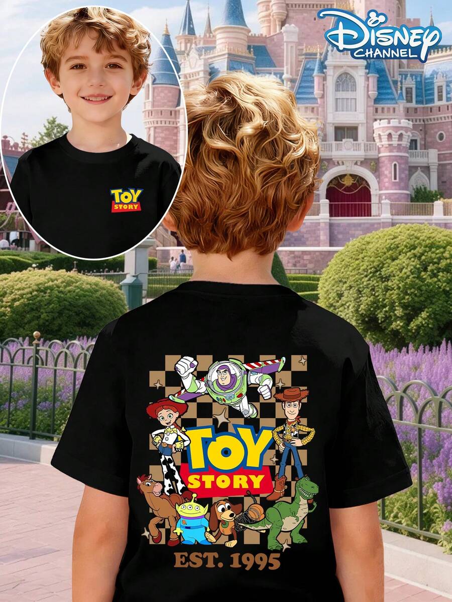 Disney T-Shirt Toy Story T-Shirt With Round Neck Short Sleeved Checkerboard Pattern For Boys And Girls+Toy Story All Staff Print+"EST.1995" Logo Retro Casual Style Suitable For Daily School/Parent-Child Interaction/Theme Parties In Summer - 黑色 - 查看 1