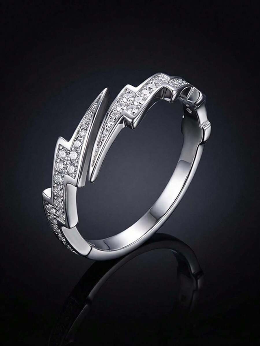 不对称闪电形合成锆石情侣戒指，情人节珠宝礼物 - 白色 - 查看 1