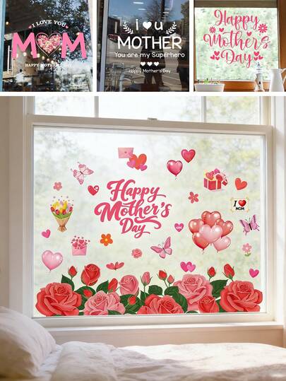 BRUP 1/2张/套 母亲节快乐窗贴 - 儿童房装饰，可移除玫瑰心形气球贴纸，适用于卧室、客厅和派对装饰