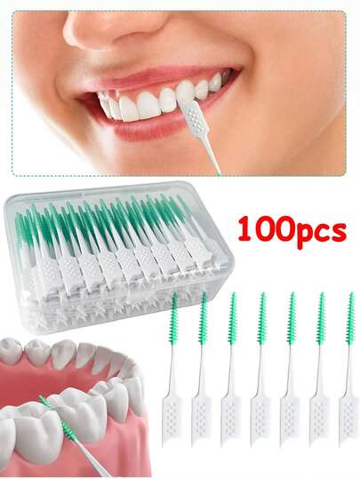 100pcs Mini Dental Flosser - Dental Floss Stick. Soft Silicone Interdental Brush, Dental Arch Brush, Tooth Interdental Floss Stick, Disposable Interdental Brush, Formaldehyde-Free Oral Care For Teeth And Gums, Suitable For Teeth Cleaning And Health Maintenance.