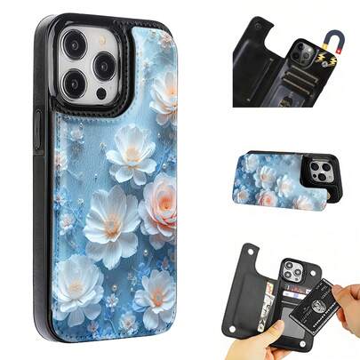 Light Blue Petal Pattern Imitation Leather Magnetic Mobile Phone Case, Compatible With IPhone 17 Pro Max/17 Air/16 Pro/15/14 Plus/13 And 12, Compatible With S25 Ultra/S25/S24 Ultra/S23 Ultra/S22 Ultra, You Can Insert Credit Card Room Card Cash.