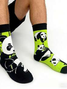 1 Pair Men's Black & Green Panda & Bamboo Pattern Mid-Calf Socks, & Versatile For All Seasons - Multicolor - View 3