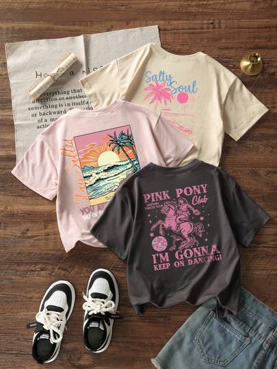 3 件女童印花圆领短袖 T 恤，适合青少年和学生的休闲夏季上衣