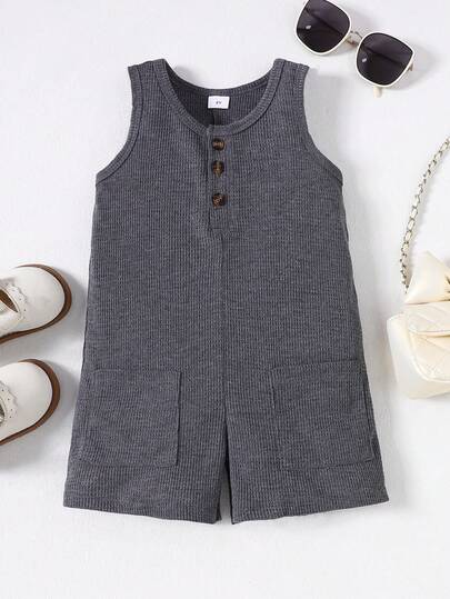 Young Girl' Sleeveless Casual Romper, Minimalist Style, Deep Gray Waffle Fabric, 3-Button Design, Loose Fit With Large Side Pockets, Comfortable For Daily Wear & Home