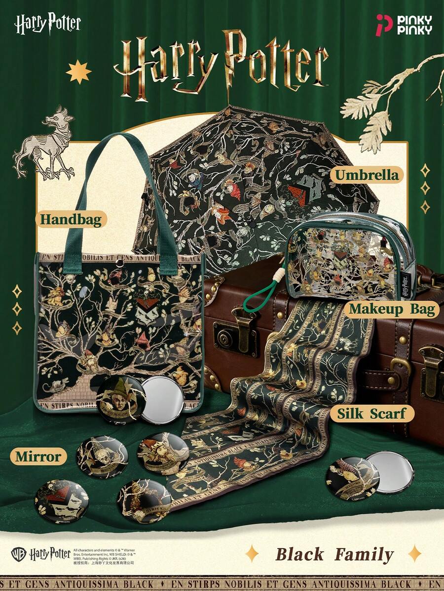 Harry Potter 哈利波特女士手提包套装，黑色学院风化妆包，含雨伞和创意丝巾手拿包，适合旅行通勤，是外出、派对、圣诞节、万圣节、生日等场合送给女性和白领的礼物。