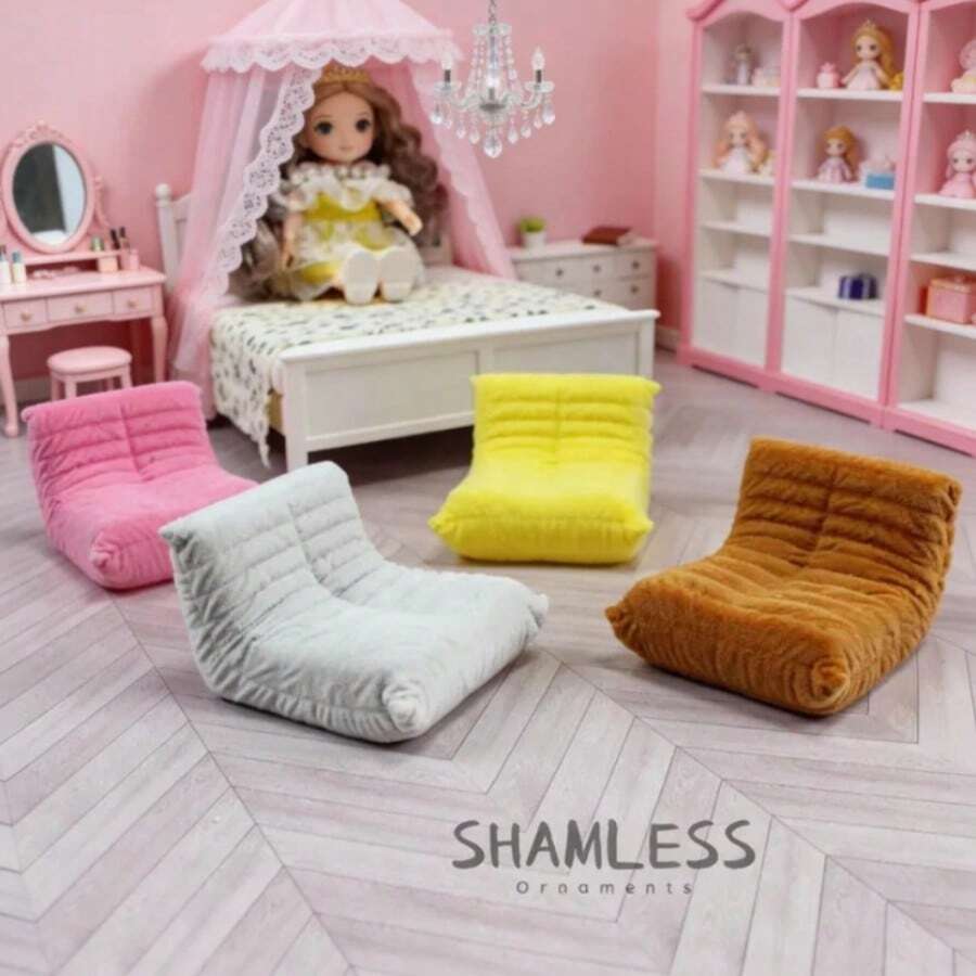 SHAMLESS 1:12/1:20比例迷你毛绒懒人沙发收藏摆件，逼真可爱天鹅绒扶手椅塑料娃娃屋微缩家具模型，适合DIY仙境花园摄影道具和场景装饰，完美的节日礼物