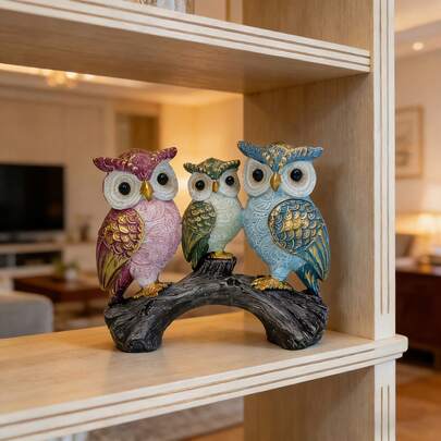 1pc Garden-Style Owl-Shaped Decorative Ornaments. Three Owls Of Different Colors Stand On A Branch. Made Of Resin, Suitable For Indoor/Outdoor Decoration, Such As In Courtyards, Gardens, Living Rooms, Or Balconies. A Perfect Gift For Owl Lovers.