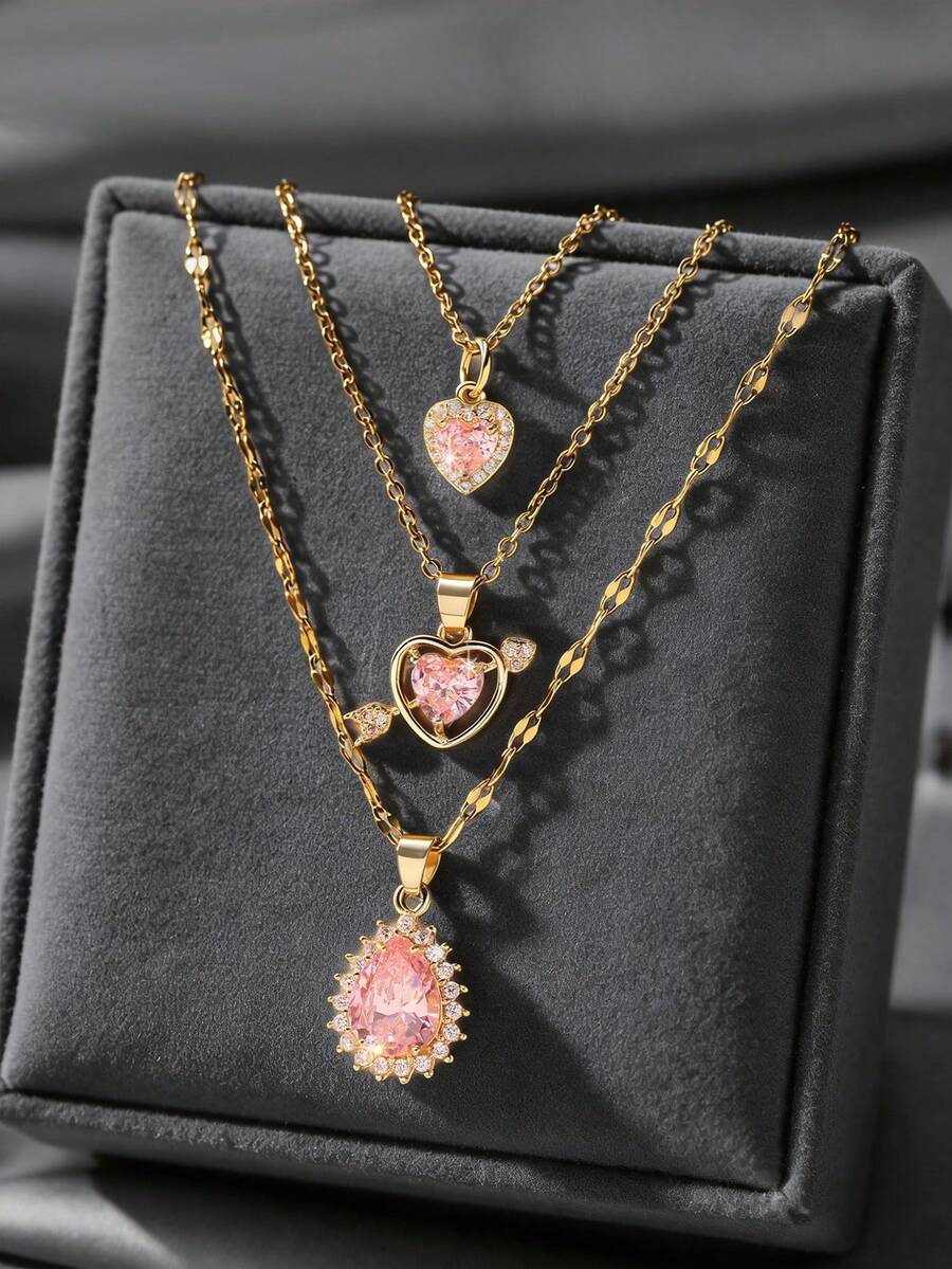 3pcs Sweet Pink Heart & Water Drop Pendant Necklace Set, Fashionable Layered Necklaces, Stainless Steel Choker Necklaces Suitable For Daily, Festival, Party Gift - Necklace Set - View 1