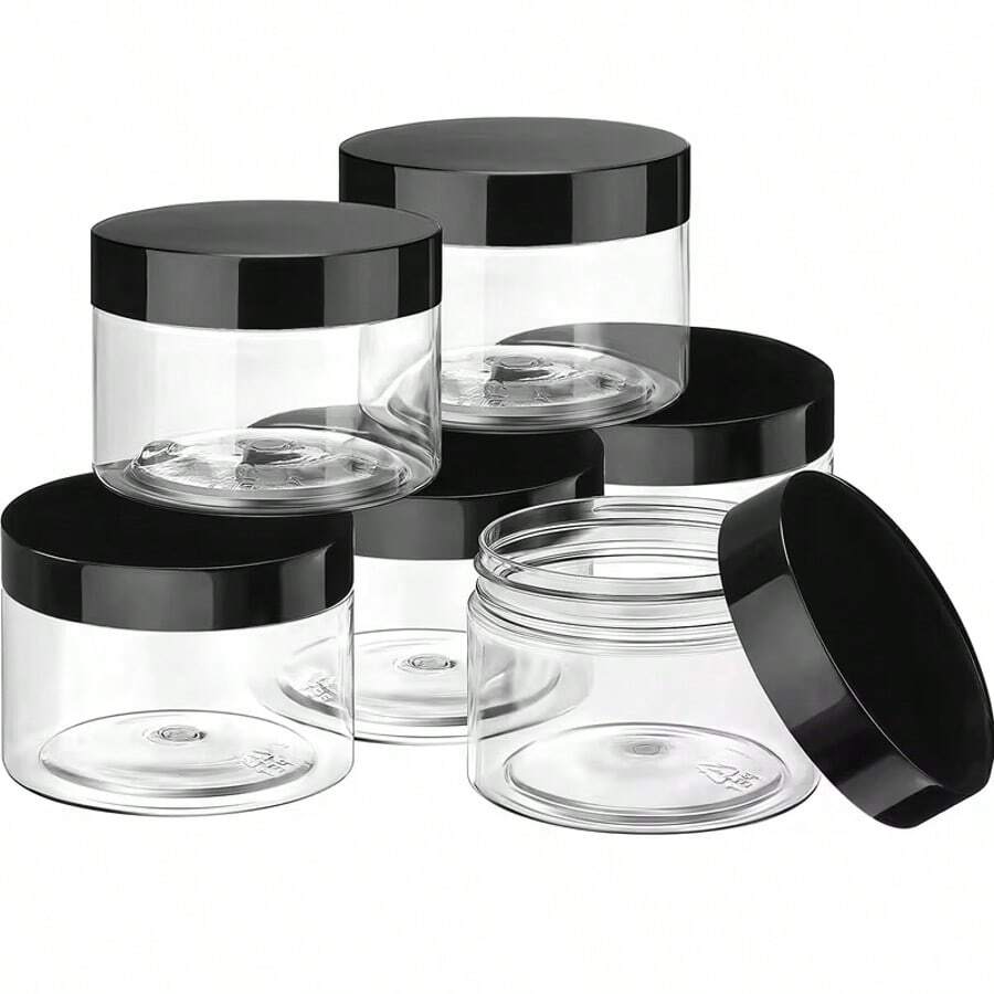 2 piezas de tarros de plástico transparentes, grandes contenedores redondos de plástico PET con tapas de rosca negras, recipientes de almacenamiento herméticos reutilizables, fáciles de limpiar, contenedores transparentes adecuados para la organización del hogar y la cocina - Negro - Ver 1
