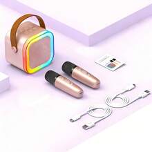 Máquina de karaoke, mini altavoz de micrófono de karaoke Bluetooth portátil con 2 micrófonos y luz, adecuado para todos los teléfonos inteligentes, perfecto para cumpleaños, reuniones familiares, fiestas (azul y rosa). - Rosa - Ver 2