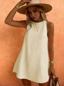 Vestido de mujer con diseño de estrella de mar, cuello redondo, sin mangas, de estilo minimalista y elegante en color caqui, adecuado para el uso diario en primavera y verano - Albaricoque - Ver 3