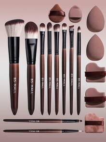 BS-MALL High Cost-Effective 10pcs Red Wood Velvet Makeup Brush Set + 7pcs Coffee Color Makeup Sponges, Foundation Brush & Eyeshadow Brush Set - Redwood - View 8