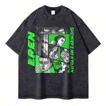1 Piece, 2026, Eren Jaeger 2D T-Shirts, Vintage Washed Anime T-Shirts,  T-Shirt, Shingeki No Kyojin Manga, Mikasa Short Sleeve T-Shirts - 黑4 - 查看 7