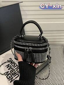 Lightweight Mini Bag, Chain Bag, Quilted Stitching Bag With Rhinestone Decoration, Elegant Texture Suitable For Evening Party - Black - View 3