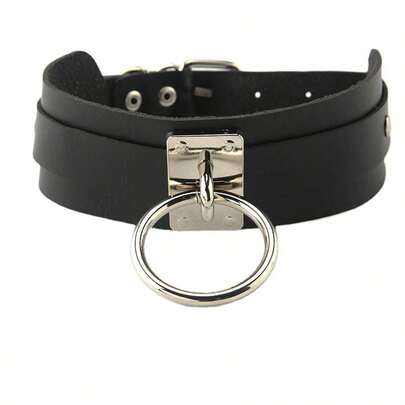 1pc Women's Metal Plate Circular Necklace, PU Leather Dark Punk Exaggerated Choker Necklace, Chain Neck Leash Restraint Collar Necklace