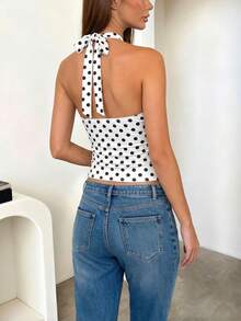 DOUCIU French-Style Polka Dot Print V-Neck Slim Halter Tank Top Sexy Vest Beach Party Outfit - White - View 2