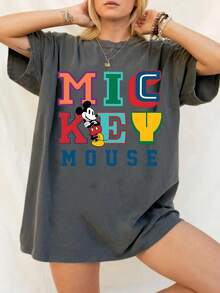 Disney UNIHLO  Mickey  Printed Summer Heavyweight Retro Washed Street Fashion Casual T-Shirt - Black - View 2